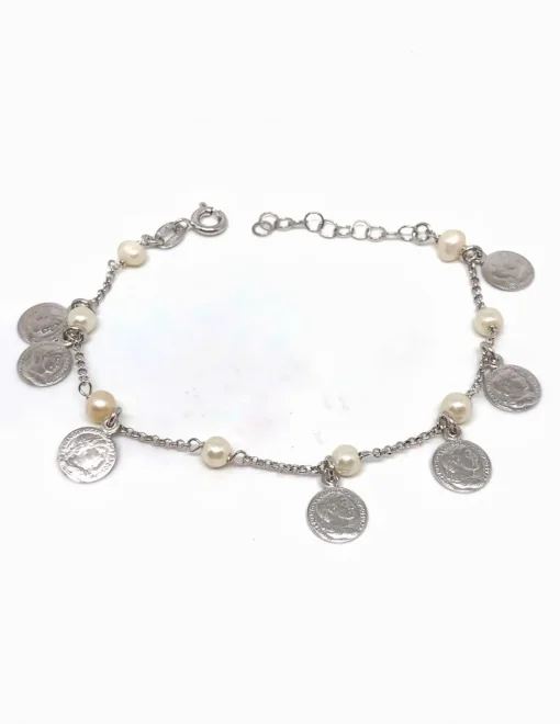 Bracciale con Monete e Perline COLORE ARGENTO Bianco