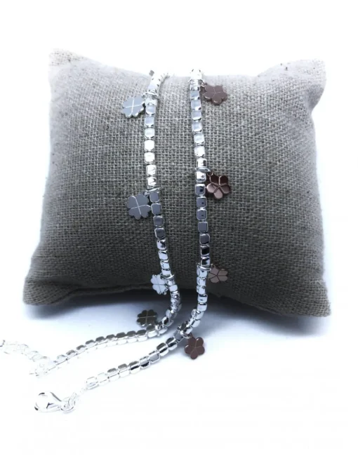 Bracciale con Pepite 3 mm e Fiori Pendenti COLORE ARGENTO Rosè