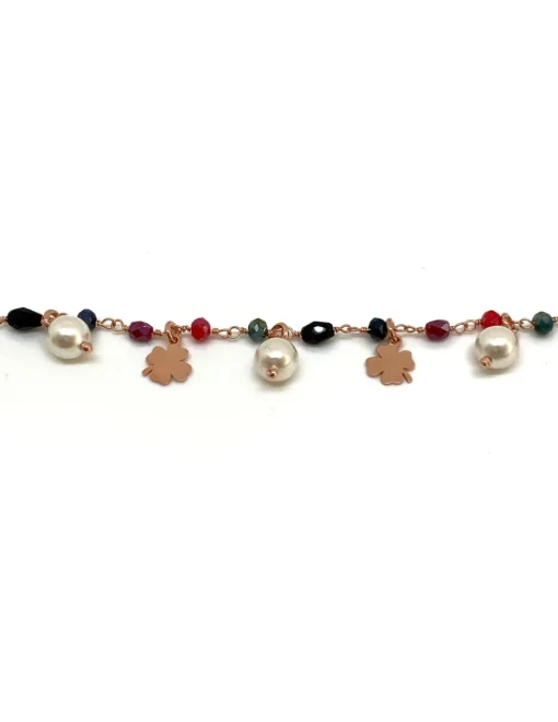 Bracciale Cristalli Perle Pendenti e Quadrifogli COLORE CRISTALLI rossi