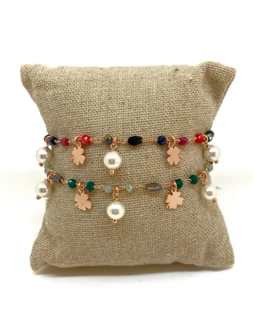Bracciale Cristalli Perle Pendenti e Quadrifogli COLORE CRISTALLI rossi