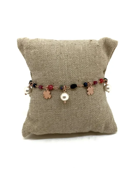 Bracciale Cristalli Perle Pendenti e Quadrifogli COLORE CRISTALLI rossi