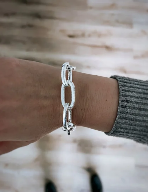 Bracciale Maglia Rettangolare Squadrata Lavorata Grande COLORE ARGENTO Bianco CIRCONFERENZA POLSO 21-22 cm