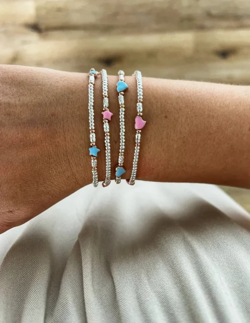 Bracciale Rondelle e Soggetti Smaltati COLORE ARGENTO Bianco SOGGETTO cuore COLORE SMALTO azzurro