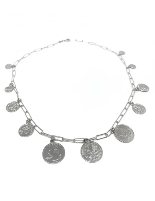 Collana Catena Rettangolare e Monete COLORE ARGENTO Bianco