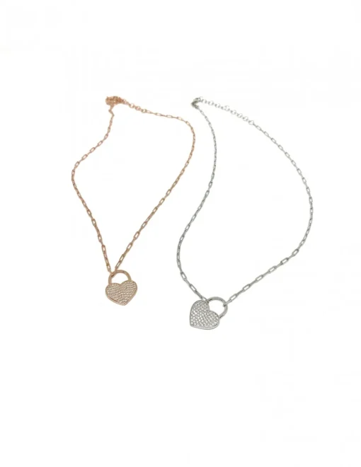 Collana con Maglia Rettangolare Piccola e Cuore Pendente COLORE ARGENTO Rosè