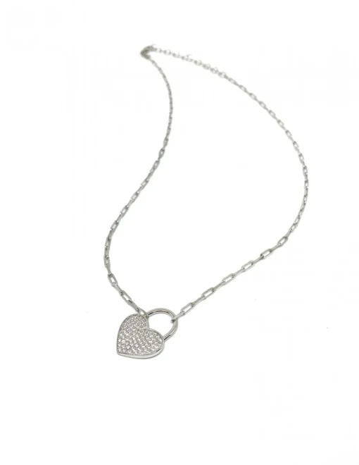 Collana con Maglia Rettangolare Piccola e Cuore Pendente COLORE ARGENTO Rosè