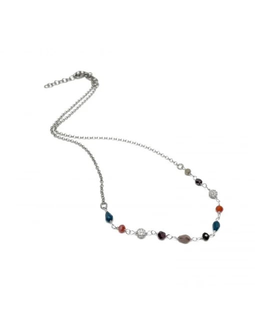 Collana Corta con Cristalli e Palline in Pavè di Zirconi COLORE ARGENTO Bianco