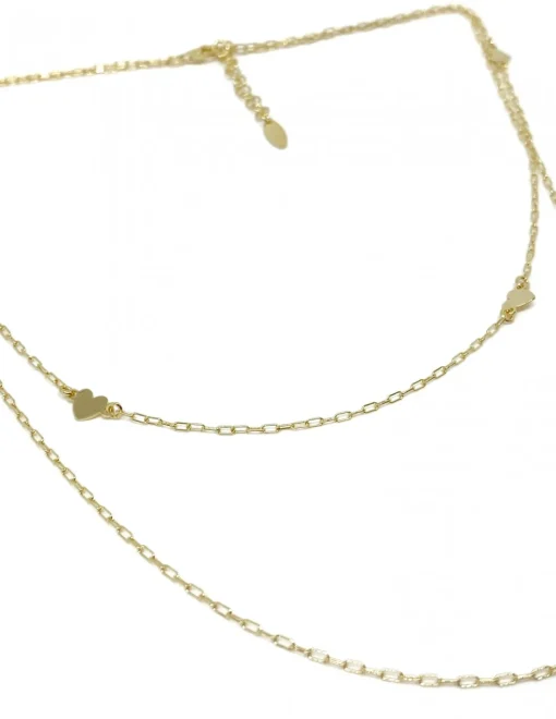 Collana Doppia Maglia Rettangolare Mini e Cuori COLORE ARGENTO Dorato