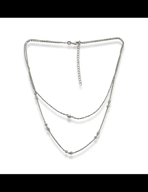 Collana doppio filo con Perla e Zirconi COLORE ARGENTO Bianco