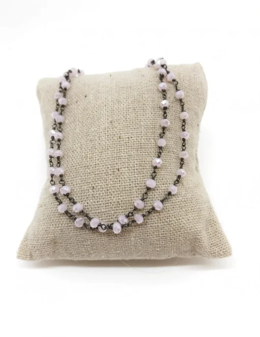 Collana Lunga Brunita con Cristalli Rosa Tenue