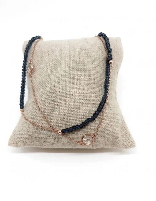Collana Lunga Rosè con Cristalli Blu e Zirconi