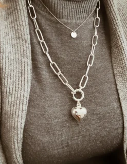Collana Maglia Rettangolare e Cuore Bombato COLORE ARGENTO Bianco