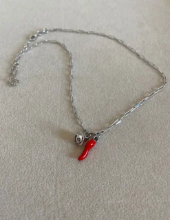 Collana Maglia Rettangolare Cornetto e Campanellino COLORE ARGENTO Bianco COLORE SMALTO rosso
