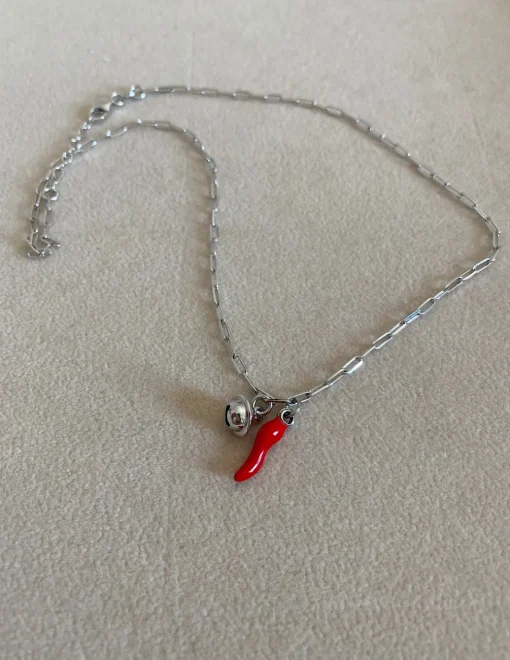 Collana Maglia Rettangolare Cornetto e Campanellino COLORE ARGENTO Bianco COLORE SMALTO rosso