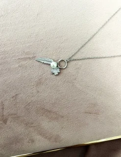 Collana Piuma Perla e Quadrifoglio