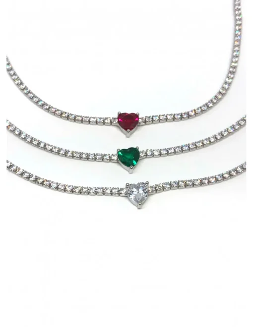 Collana Tennis con Cuore COLORE ARGENTO Bianco COLORE ZIRCONI zirconi verdi