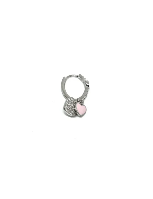 Monorecchino Scattino Cuore Doppio Smaltato COLORE ARGENTO Bianco COLORE SMALTO rosa