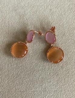 Orecchini Doppi con Pietre e Montatura Lavorata COLORE ARGENTO Rosè COLORE PIETRE rosa/arancione